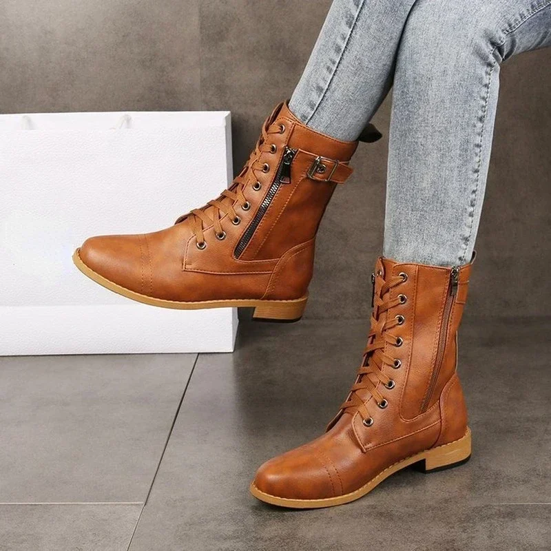 Marke Plattform Ferse Stiefel Frauen Hohe Stiefel Casual Leder Schuhe Herbst Winter Runde-toe Zipper Plus Größe Damen Schuhe 2024 Image