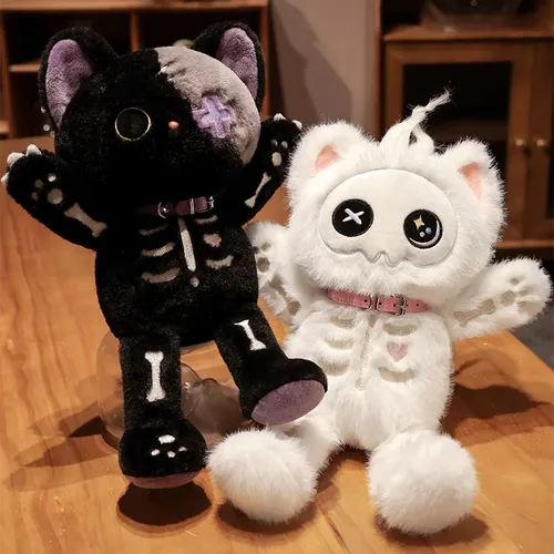 Kawaii schwarzes Skelett Katze Plüsch tier kreative Stofftier flauschig gotischen Schädel Kätzchen
