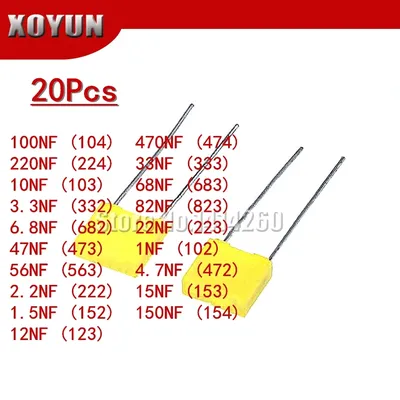 20 stücke Polypropylen Sicherheit Kunststoff Film 100V 1nF ~ 470nF 100nf 220nf 10nf 47nf 22nf 1nf 0,47 uf 0,1 uf Korrektur kondensator Image