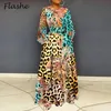 Vintage Frauen Party Kleid Plus Größe O Neck 3/4 Hülse Leopard Druck Maxi Lange Kleid Boho A-Line Tasche Party Kleider