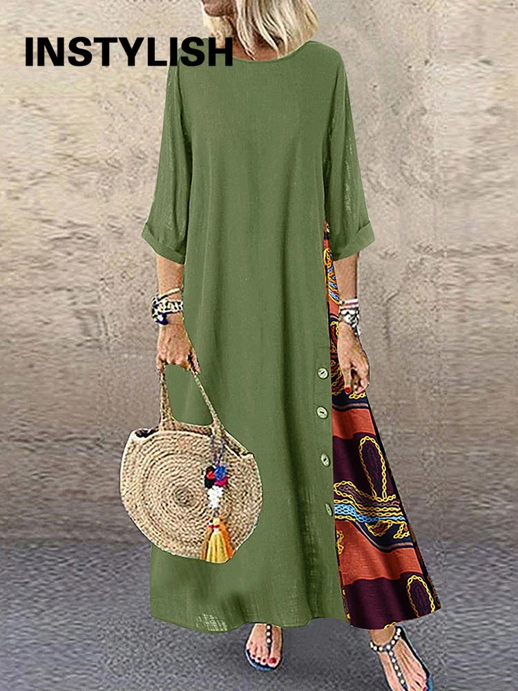 Frauen Vintage Print Patchwork Maxi Kleid Boho 3/4 Hülse Übergroßen Langen Kleid Casual Harajuku O Neck Lose Kleid Elegante Robe