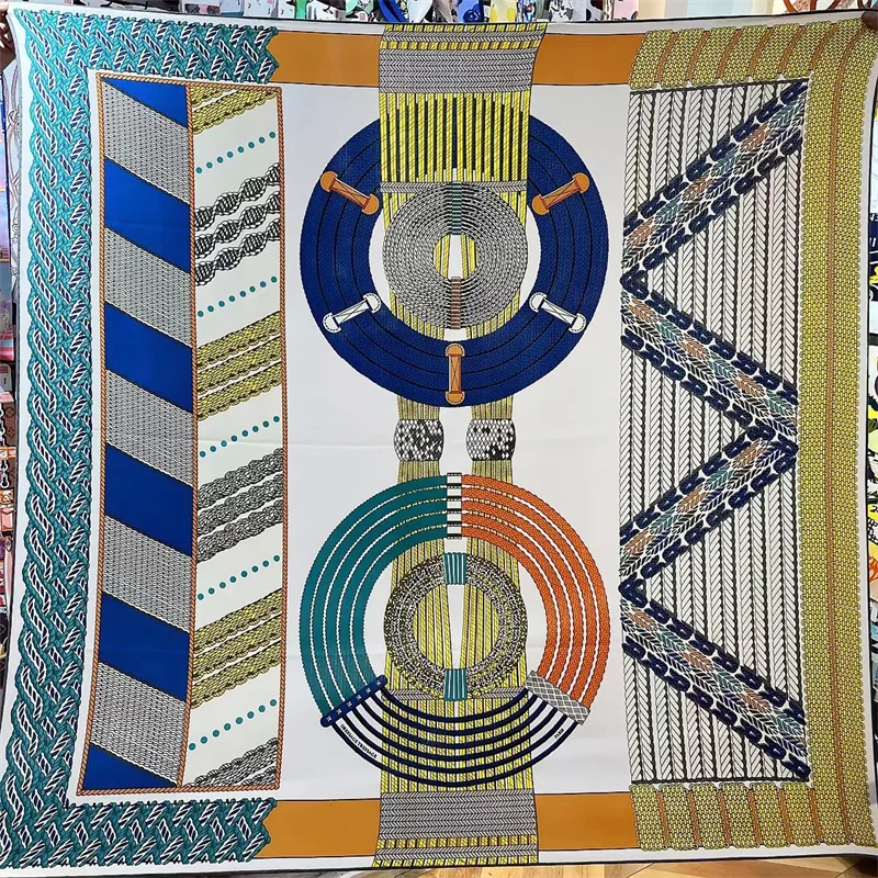 135CM Seide Kaschmir Schal Frauen Hand Gerollt Schals Geometrische Streifen Quadrat Schals Wraps Dame Bandana Hijabs Weibliche Foulards Image