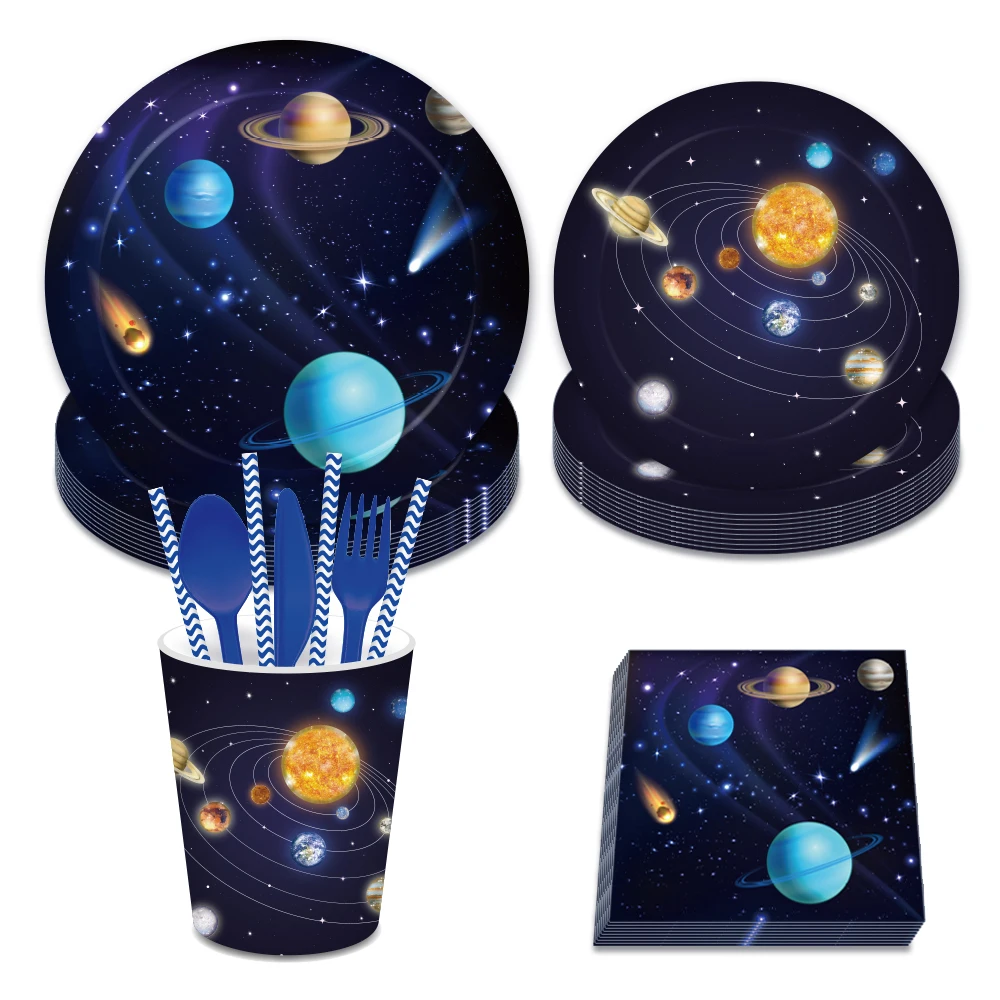 Cartoon Cosmic Space Planet Einweggeschirr Sets Kindergeburtstag Teller Papierservietten Tassen Babyparty Party Tischdekoration Image