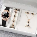 5 teile/satz damen mode strass quarz uhr leder band armbanduhr schmuck set (ohne box)