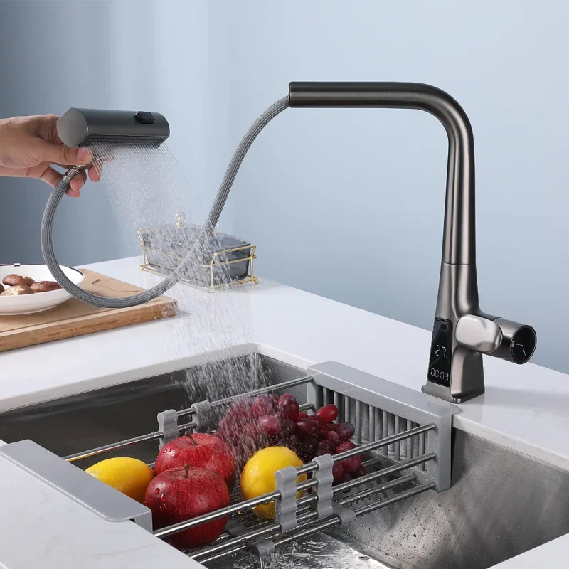 Küche Haushalt rotierende und dehnbare Spüle Digital anzeige Wasserhahn, Wasserfall multifunktion ale Pull Küchen spüle Wasserhahn