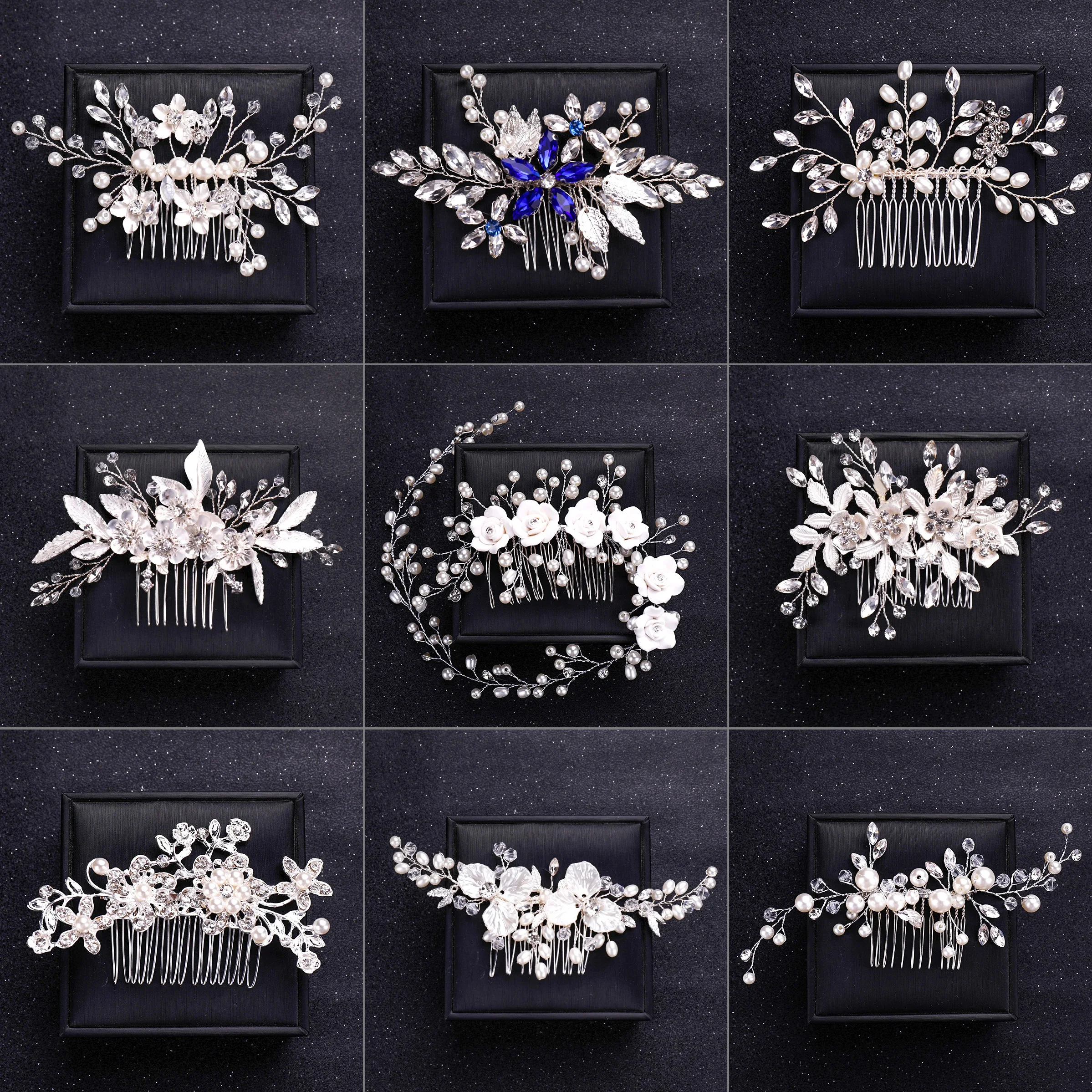 Trendige Hochzeitsblumen-Haarschmuck, handgefertigter silberner Perlen-Haarkamm, Tiara, Strass, Braut-Kopfschmuck, Braut-Haarschmuck Image