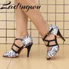 Ladingwu Denim Druck Latin Dance Schuhe Frauen Schuhe Dacne Professionelle Salsa Dance Schuhe Wildleder Schwarz Rosa und Gelb