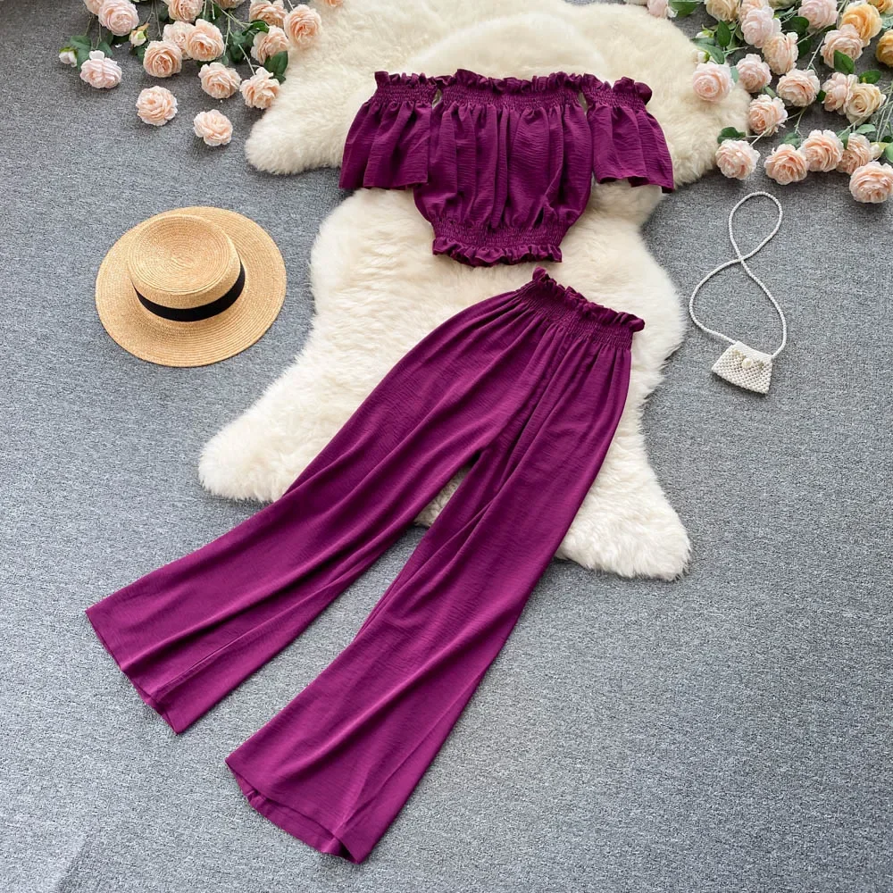 2024 sommer Grün/Schwarz/Rot Zwei Stück Set Frauen Sexy Slash Neck Kurze Tops + Hohe Taille Breite bein Hosen Weibliche Anzug Neue