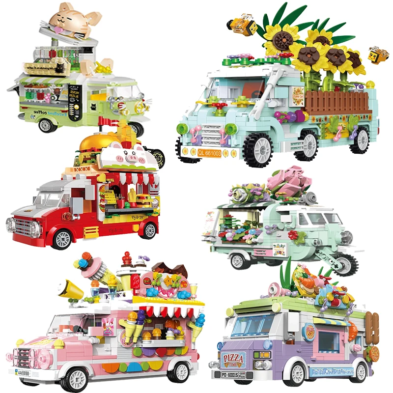 Stadt Straße Ansicht Speisewagen Essen Snacks Hamburg Auto Essen Mini Bausteine Blumenladen Auto Ziegel Freunde Kinder Spielzeug Geschenk Image
