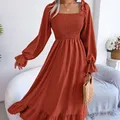 Casual Quadrat Kragen frauen Ausgestelltes Kleid Elegante Schaukel Rüsche Lange Rock Schwarz Rot