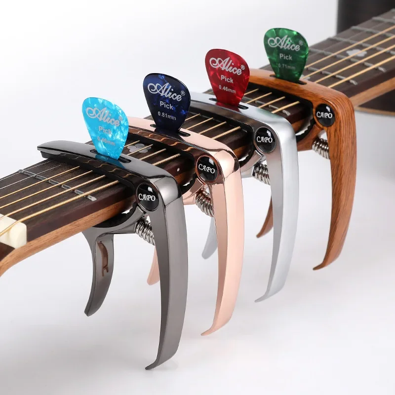 Ausgezeichneter Metall-Gitarren-Kapodaster, Einstellclip, Gitarren-Kapodaster für akustische E-Gitarren, Bass, Ukulele mit Plektrenhalter, 1 Stück Image