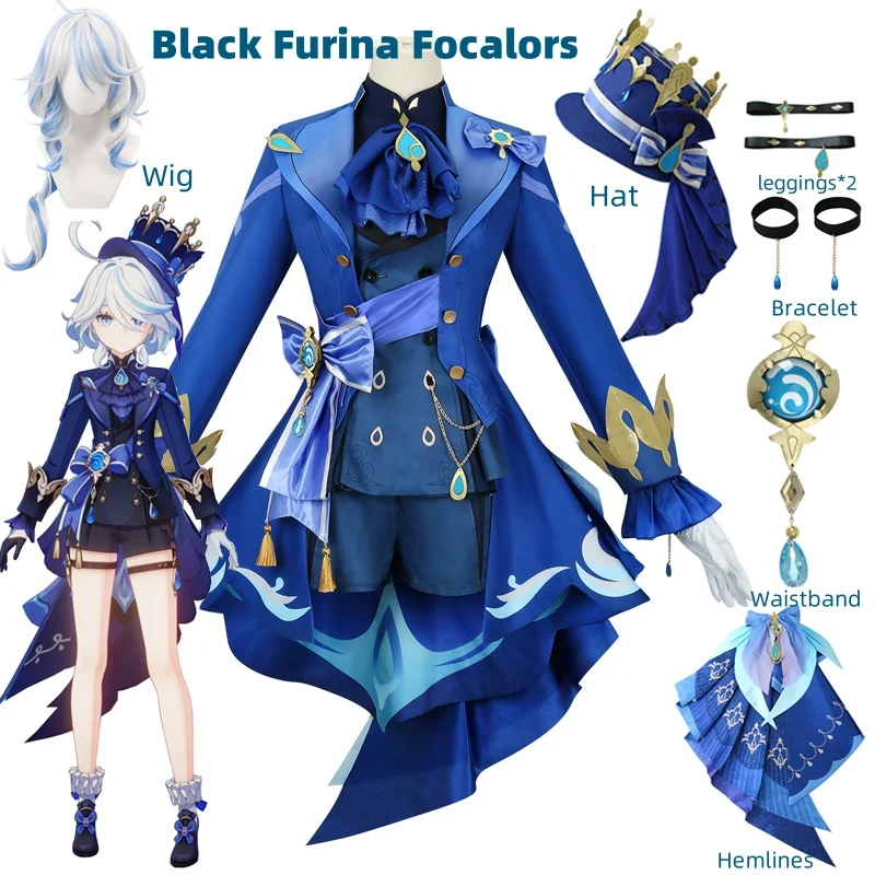 Furina Cosplay Kostüm Perücke Haar Impact Fontaine Focal ors mit Hut schwarz Anzüge High Heel Cosplay Schuhe für Frauen Outfits