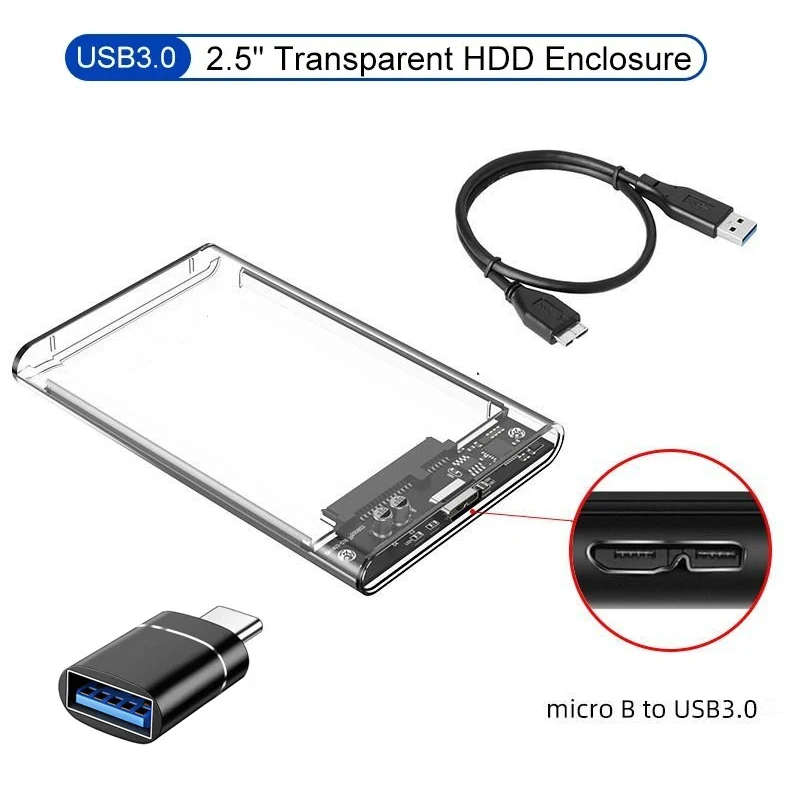 2,5'' externes Festplattengehäuse USB 3.0 zu SATA III, werkzeugloses, transparentes Festplattengehäuse für 2,5 Zoll SATA HDD SSD, unterstützt UASP Image