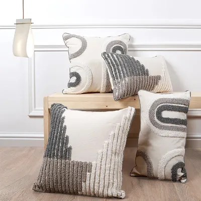 Nordic Grau Weiß Tufted Kissenbezug Marokkanische Geometrische Schleife Tufted Pillowslip Image