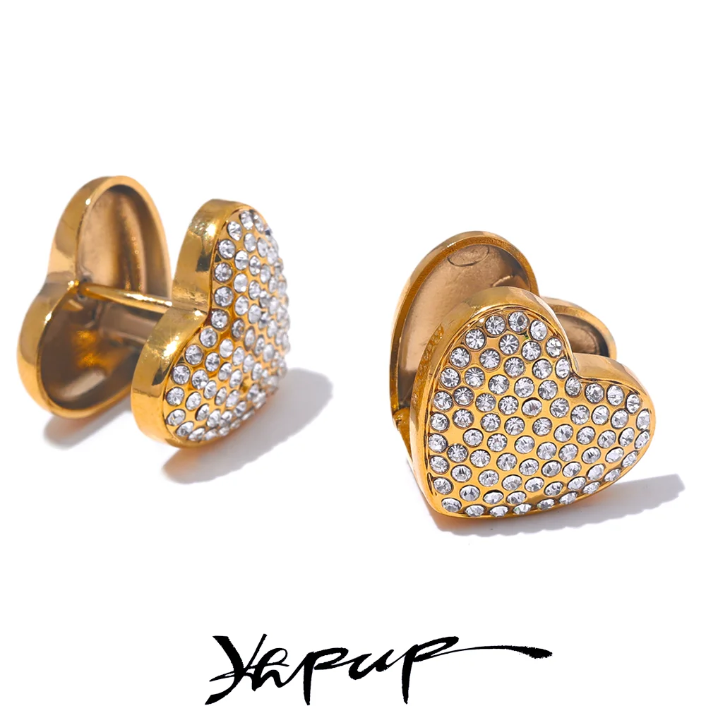 Yhpup Mode Glänzende Zirkonia Liebe Doppel Gesicht Herz Ohrringe Hohe Qualität Edelstahl Charme Luxus Süße Schmuck Geschenk Image