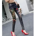 Frauen Korean Fashion Pfau stickerei Dünne Jeans Weibliche Sexy pailletten paillette Jeans Plus