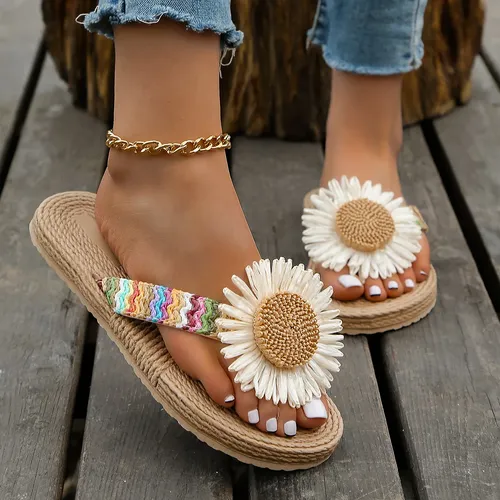 Damenmode Trend Leinen Sonnenblume rutsch fest tragen bequeme weiche Sohle flache Flip-Flops