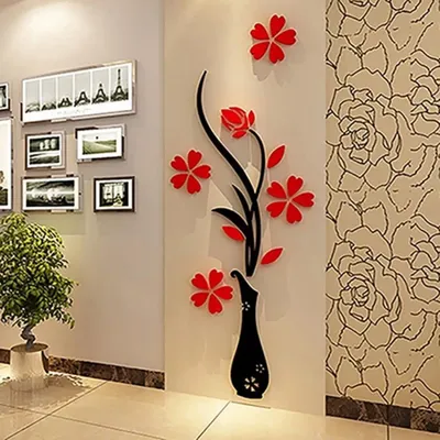 Neue Retro Vase Blume Baum Muster DIY Home Room TV Dekor Acryl 3D Wandaufkleber Rot Image