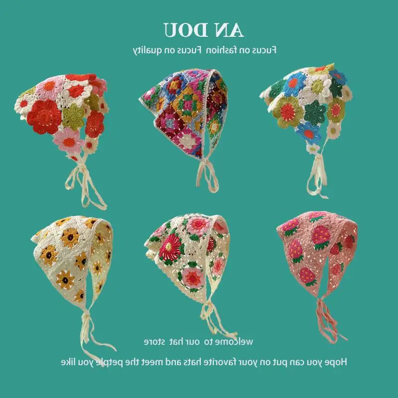 Strick mütze häkeln Blumen kappe hohl Dreieck Schal weibliche süße Jungfrau Wind Blume Kopf Frauen schön Image