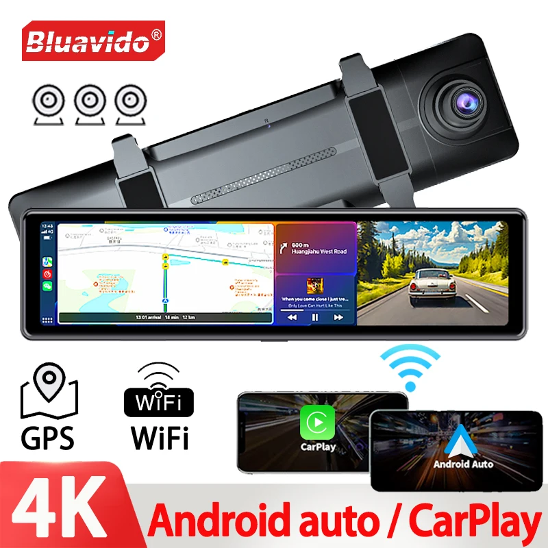 3 Kameras Dashcam 1080P Autospiegel Videoaufzeichnung Carplay & Android Auto Drahtlose Verbindung WiFi Miracast GPS-Navigations-DVRs Image