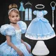 Mädchen Blau Cinderella Kleid Sommer Puff Hülse Stickerei Blume Kleider für Mädchen Prinzessin Kleid