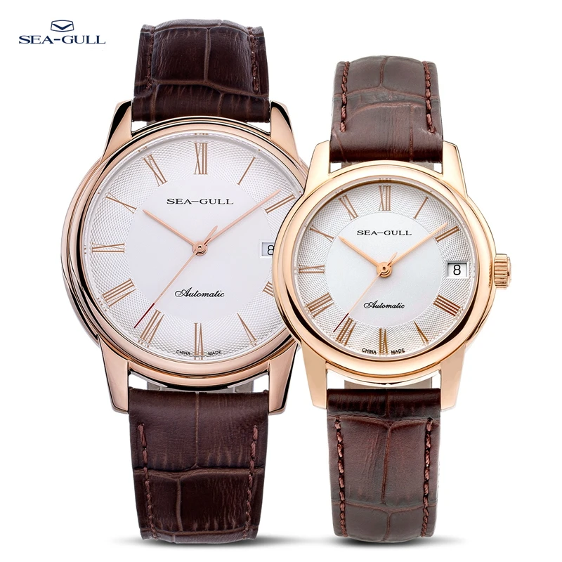 Seagull männer Mechanische Uhr Halsketten-halsketten-elegantes Leder Schnalle 30M Wasserdichte Kalender Uhr Business Paar Uhr D 519,405 Image