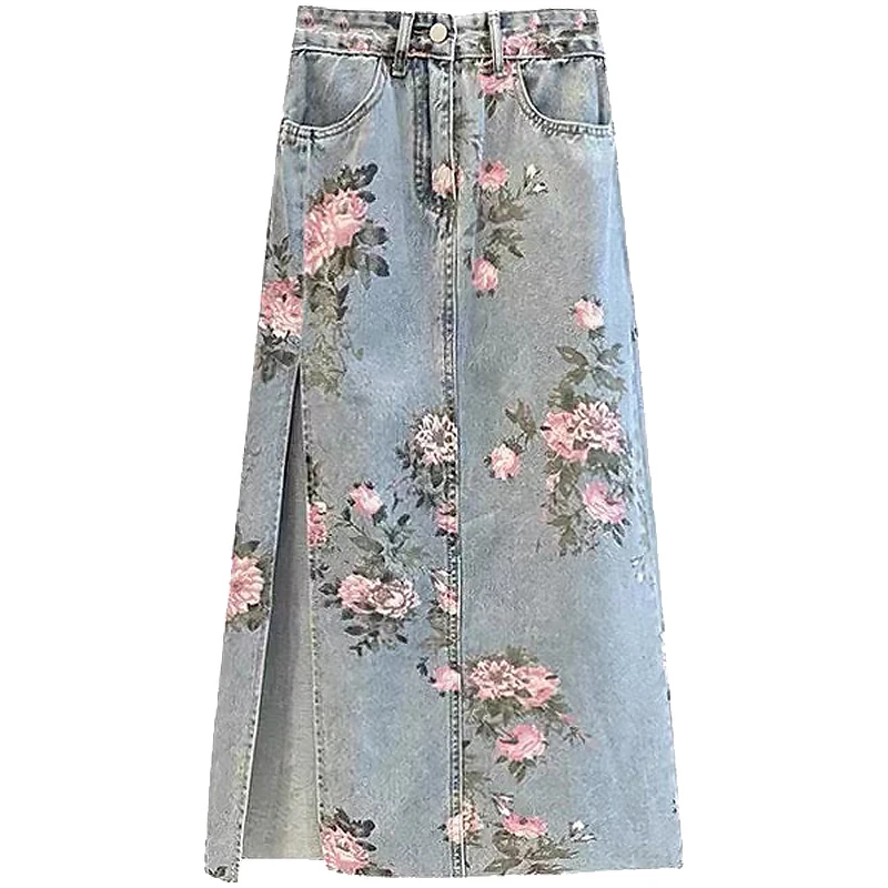 Blumendruck Denim Lange Röcke Damen Sommer Vintage Maxi Jeans Rock Größe S - 5XL Side Split Hohe Taille Frauen Langer Rock Koreanisch
