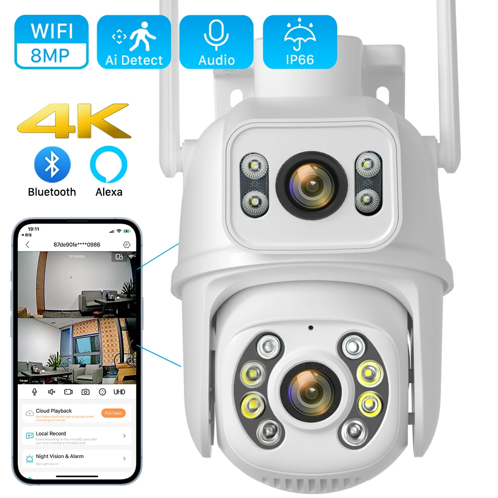 8MP 4K PTZ Wifi Kamera Dual Objektiv mit Dual Screen Ai Human Detect Auto Tracking Drahtlose Outdoor Überwachungskamera iCSee App Image