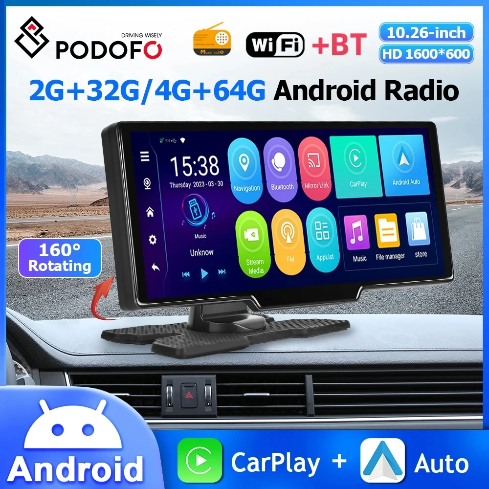 Podofo 10.26 ''Android Auto Monitor Carplay Dashboard Android Auto 4 64g 8core Bluetooth Dash Kamera WiFi GPS Smart Screen Player