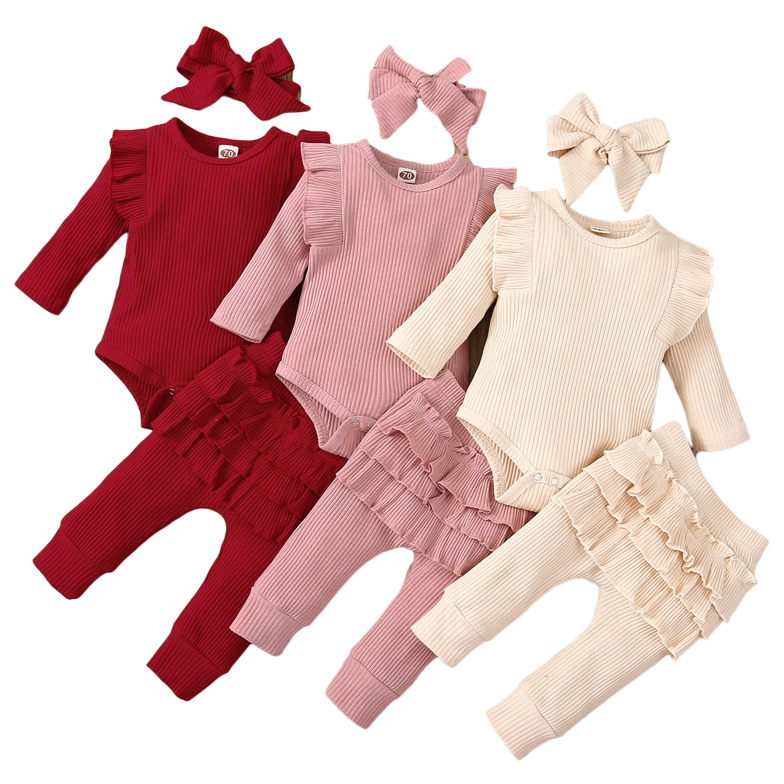 3Pcs Baby Mädchen Outfit Set Neugeborenen Kleinkind Kinder Kleidung Set Baby Mädchen Spitze Rüschen Baumwolle Body + Hosen + stirnband Kleidung Image