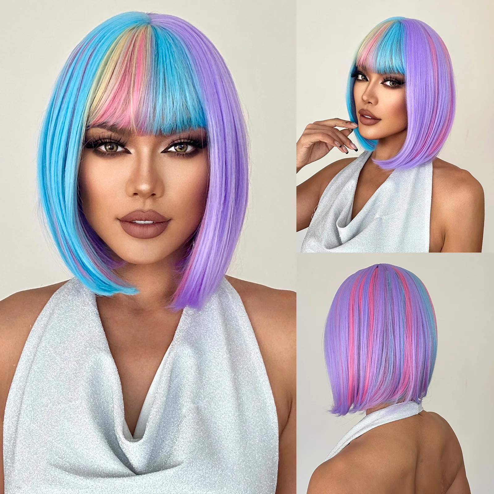 Gerade natürliche Bob-Perücke für Damen, blau, lila, rosa, gelb, Cosplay, Lolita-Haar, Kunstfaser-Perücke mit Pony, Party-Kostüm