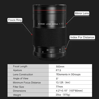 Lightdow Manual Ultra Tele-Spiegelobjektiv 500 mm F7,5 mit T2-Adapterring für Cannon Nikon Olympus Sony Pentax DSLR-Kameras