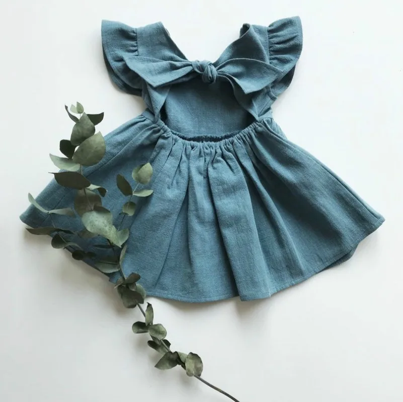 Sommer Kleinkind Mädchen Kleid Fliegen ärmel Baumwolle Leinen Neugeborenen Baby Mädchen Prinzessin Kleid Kinder Party Kleider Image