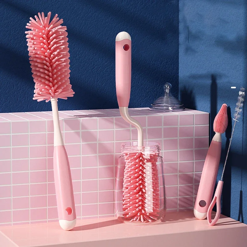 3 Stück Silikon Baby flaschen bürstenset Baby Schnuller bürste Grad drehbarer Griff Flaschen reinigungs bürste Image