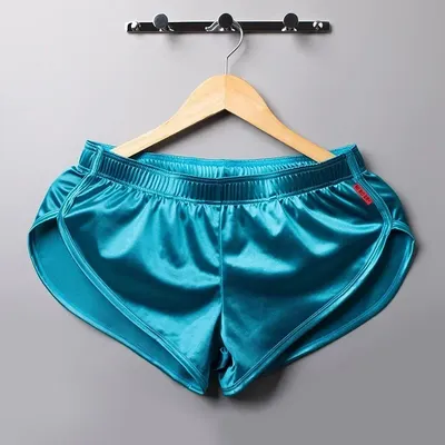 Seidige, glatte Aro-Hose für Herren, für Jugendliche, sexy Seitengabel, lockere Lauf-Fitnessstudio, schnell trocknende Sport-Shorts, einfache, bequeme Heim-Nachtwäsche, Pyjamas Image