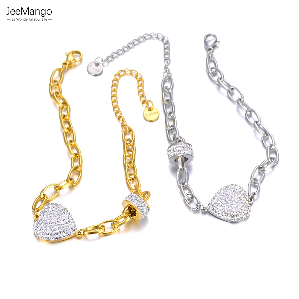 JeeMango Funkelnde weiße Strass-Herz-Hochzeitsarmbänder für Frauen und Mädchen, Edelstahl-Schlangenkettenarmband Yng JB22105 Image