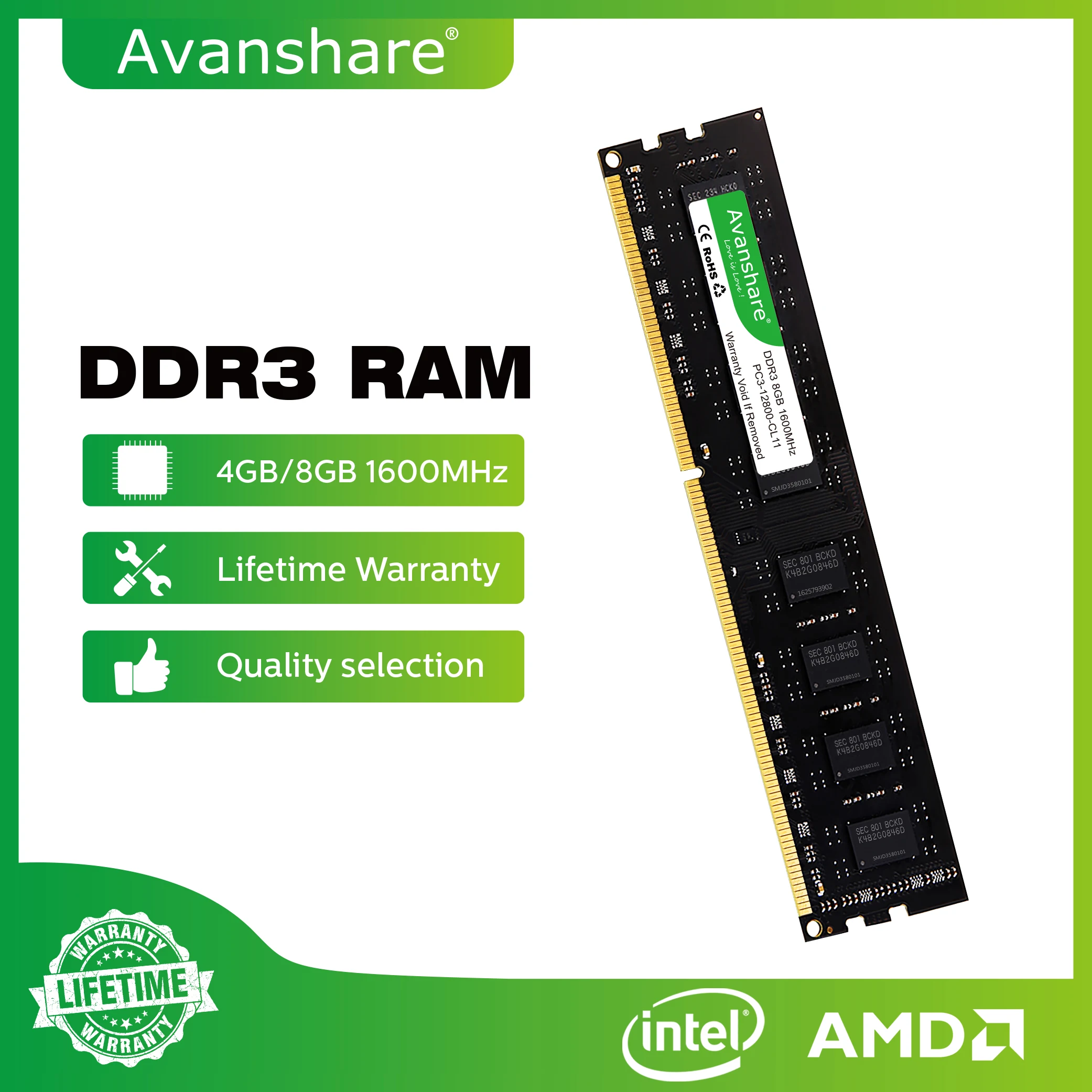 Avanshare Ram-Speicher DDR3 DDR4 DDR5 32 GB 16 GB 8 GB 4 GB 1333 1600 2400 2666 3200 5600 MHz für alle Desktop-Motherboards Intel AMD Image