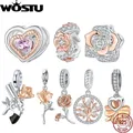 Wostu Sterling Silber Baum des Lebens Anhänger plattiert weiß Roségold Rose Charm Spacer Perlen