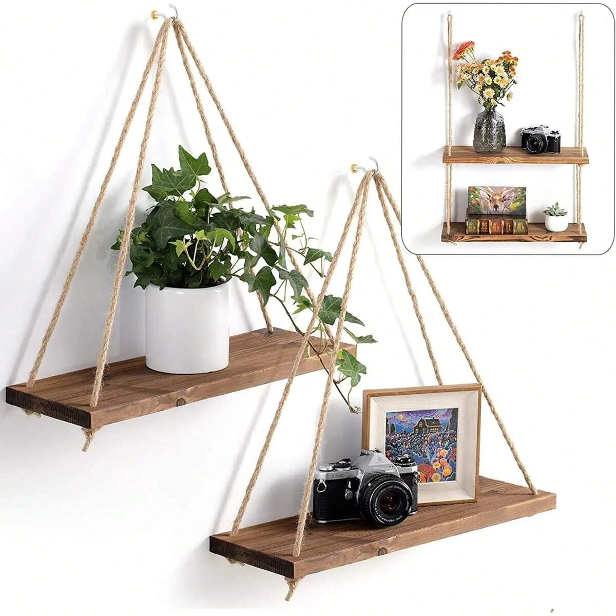 1pc Holz schaukel hängen Hanf Seil Wandre gal montiert schwimmende Haus Wohnzimmer Pflanze Blumentopf Tablett Lagerung Garten Dekoration Image