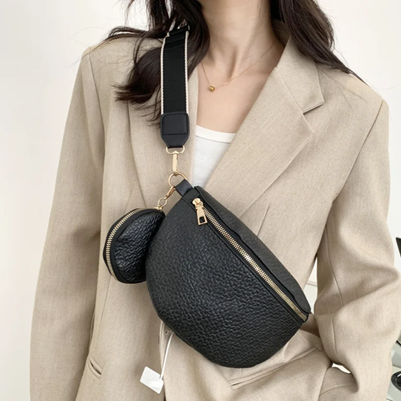 Pu Leder Brusttasche für Frauen klassische einfarbige Umhängetasche große Kapazität Damen Umhängetasche breiter Riemen Mode Hüft tasche Image