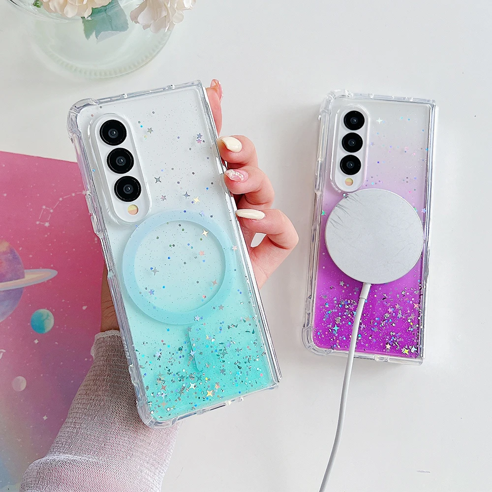 Magnetische Hülle für Samsung Galaxy Z Fold 6 5 4 3 Cover Wireless Chagre Magsafe Epoxy Glitter Star Soft Air-Cushion Shell Fundas Image