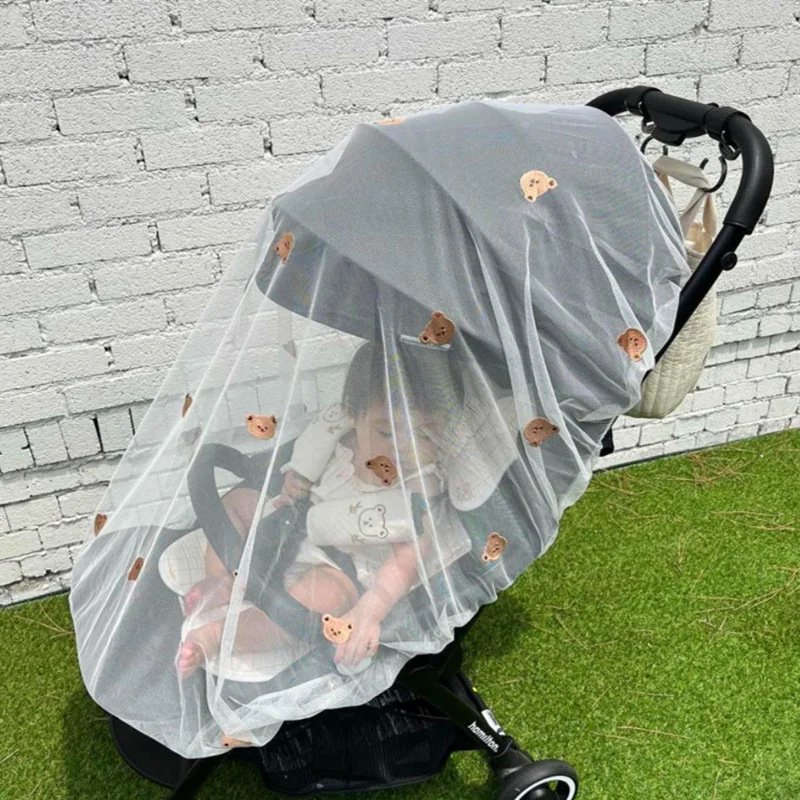 Kinderwagen Abdeckung atmungsaktive Moskito netz Mesh Kinderwagen Cartoon Stickerei Bär Sonnenschirm Kinderwagen Zubehör Reise Gaze Vorhang Image