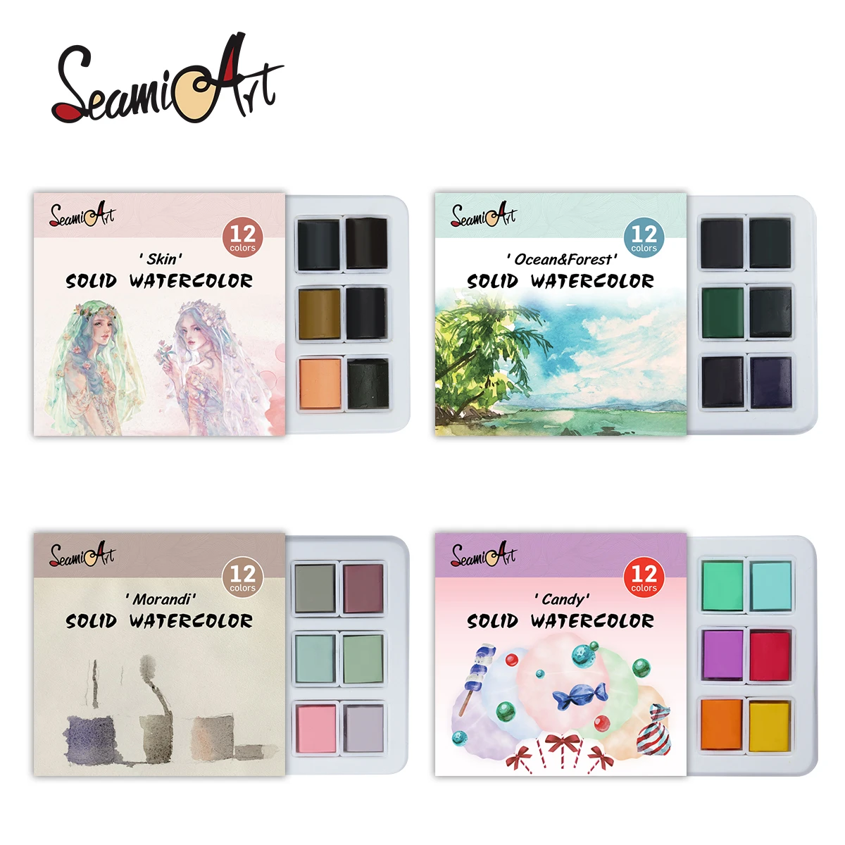 SeamiArt 12-Farben-Set für Haut/Ozean/Süßigkeiten/Morandi, solides Aquarell-Set, einfaches Paket für Malerei, Kunstbedarf Image