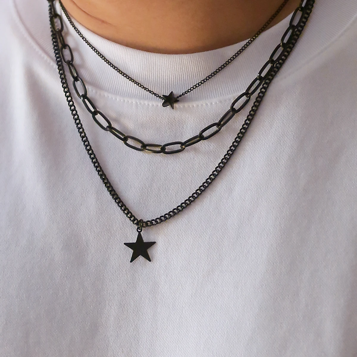 Lacteo Trendy Star Charm Halskette für Männer Mehrschichtiger Anhänger Halsband Hip Hop Halskette Schmuck Rock Kragen Straße Täglich Neu