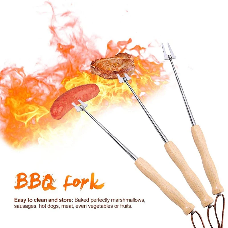 80 cm Grillspieße, Edelstahl, Holzgriff, langes Lagerfeuer, teleskopisch, ausziehbar, Grillgabel, Grillzubehör Image