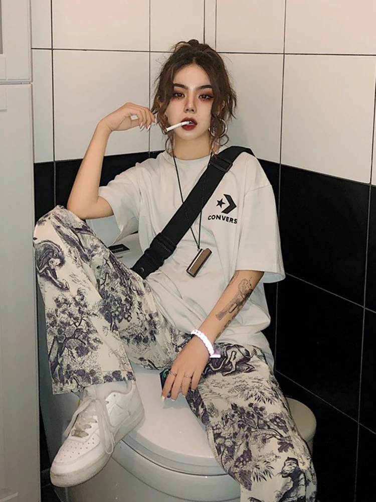 Große Förderung Retro Straße Herbst/Winter Frauen lose Hosen schlanke gerade Lauf schwarz und weiß bedruckte breite Bein Freizeit hose Image