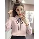 Frauen Frühling Herbst Stil Vintage Blusen Shirts Dame Casual Lange Hülse Drehen-unten Kragen Rosa