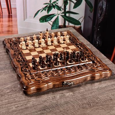 Double the Delight,'Hand Carved Wood Chess and Bac...