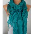 Teal Ruffle Cotton Scarf Cowl Gift Ideas For Her Women's Fashion Accessories Women Scarves