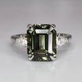 Emerald Cut Olive Green Sapphire Engagement Ring 14K White Gold Unique Vintage 7245